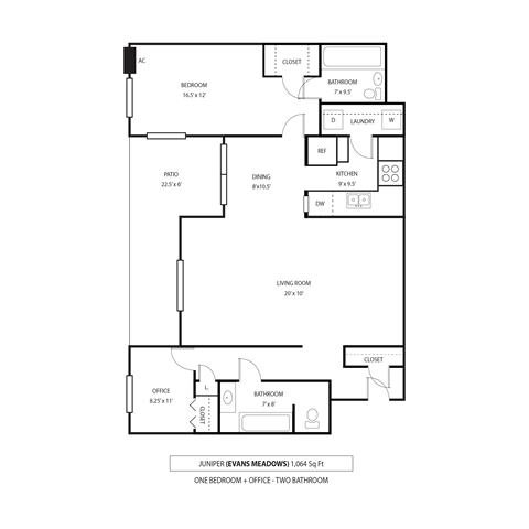 Floor plan for 1 bed, 1 bath, 1064 sqft